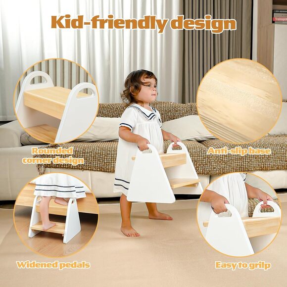 Toddler Step Stool 2-Step Wooden w/ Handles | Kids Bathroom Kitchen Helper White - Picture 6 of 7